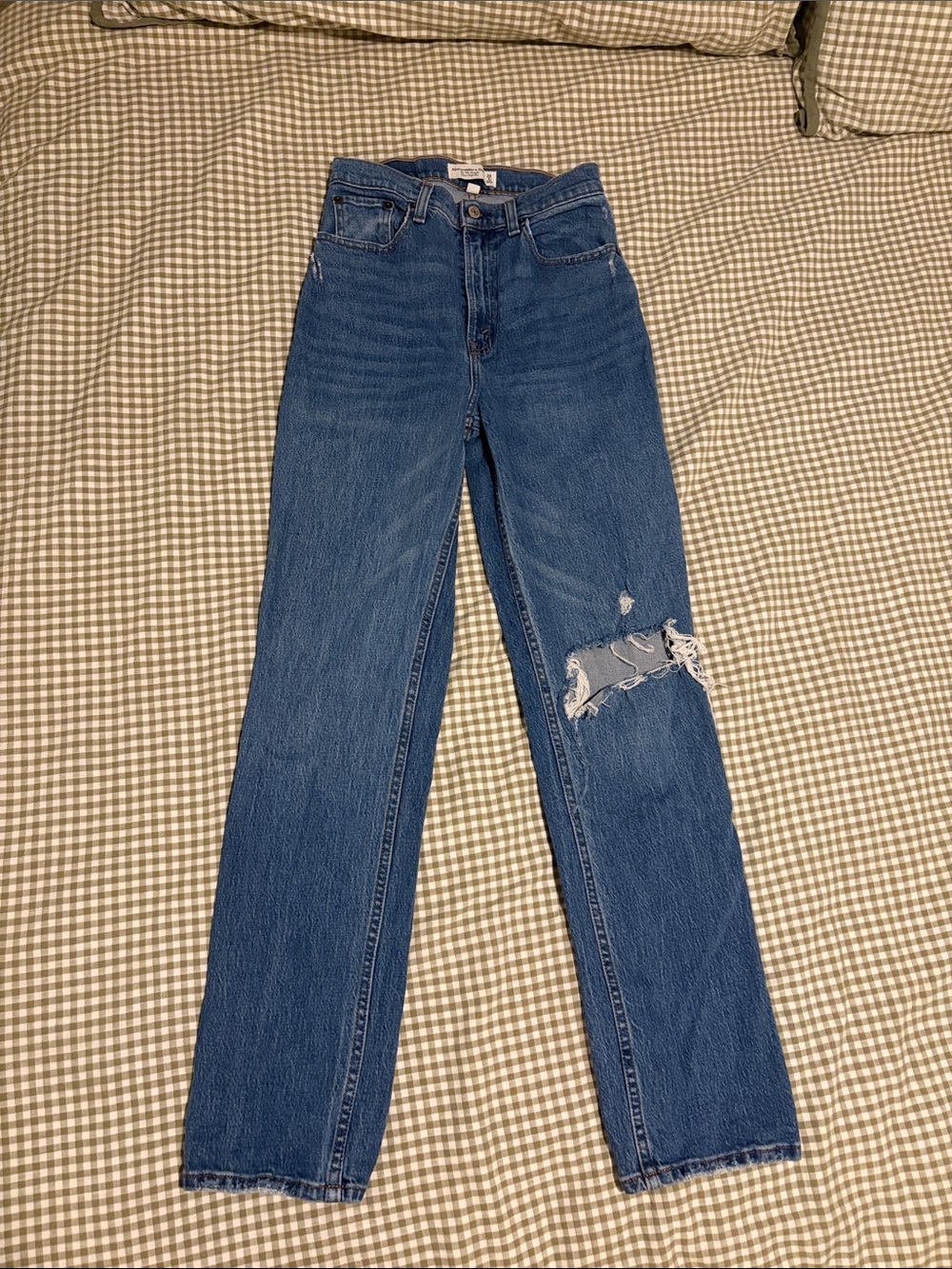 Abercrombie & Fitch Blue Straight-Leg Jeans with Distressed Knee